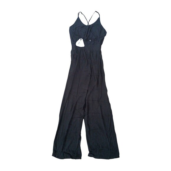 prAna Fernie Jumpsuit Womens XS Black Smocked Waist Crinkled Relaxed Wide Leg - Picture 4 of 10